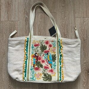 New! America & Beyond beaded parrot tote bag/purse w pom poms & sparkle